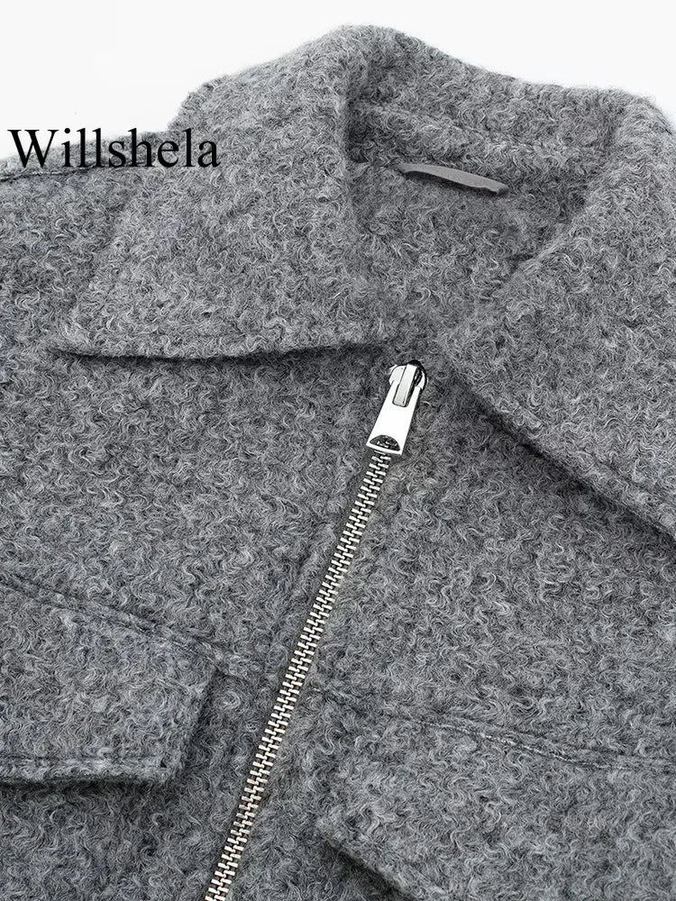 Willshela Women Fashion With Pockets Grey Front Zipper Jackets