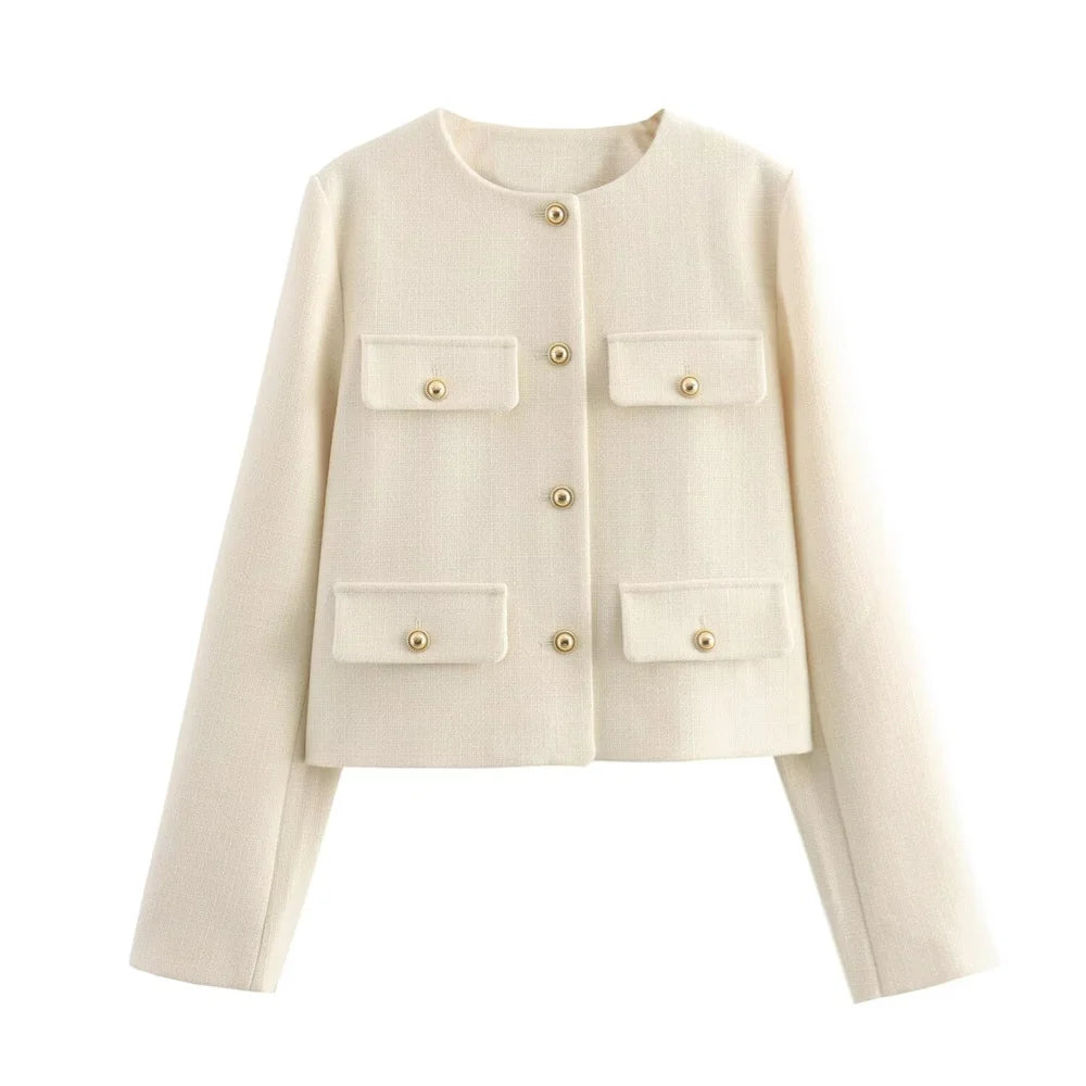 Round Neck Flip Decoration Short Suit Coat