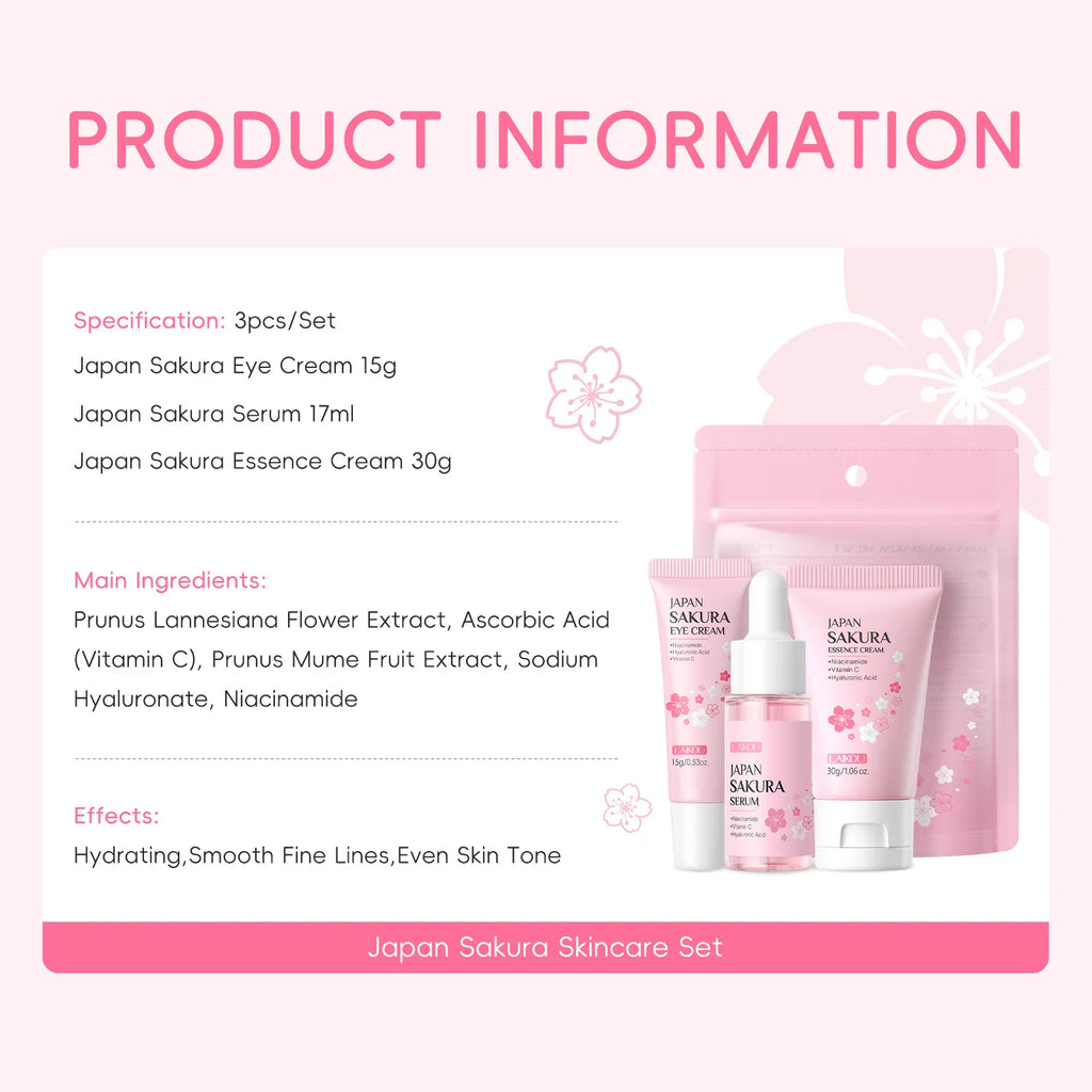 3pcs/Set LAIKOU Sakura Facial Set for Hydrating Moisturizing Whitening and Brightening