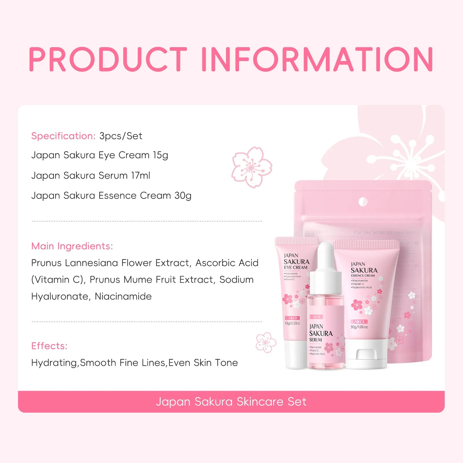 3pcs/Set LAIKOU Sakura Facial Set for Hydrating Moisturizing Whitening and Brightening