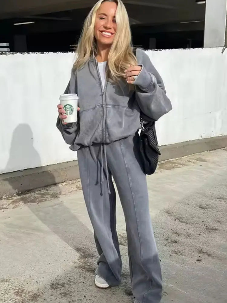 HH Women's Fall 2-Piece Retro Solid Color Zip Bomber Jacket Sweatshirt+High Waist Lace Up Women's Wide Leg Pants Street Wear