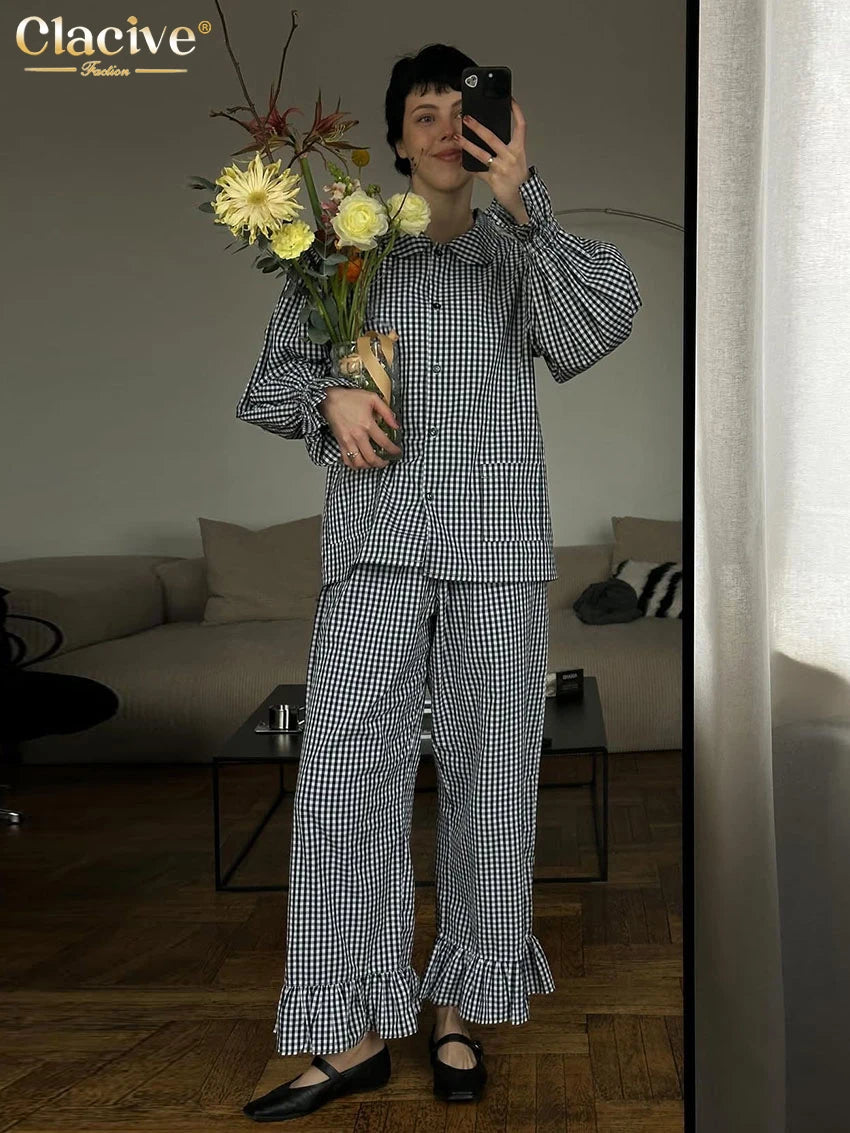 Clacive Fashion Loose Plaid Cotton Women's 3 Pieces Set 2025 Elegant Long Sleeve Shirt With High Wiast Wide Pants Set Female