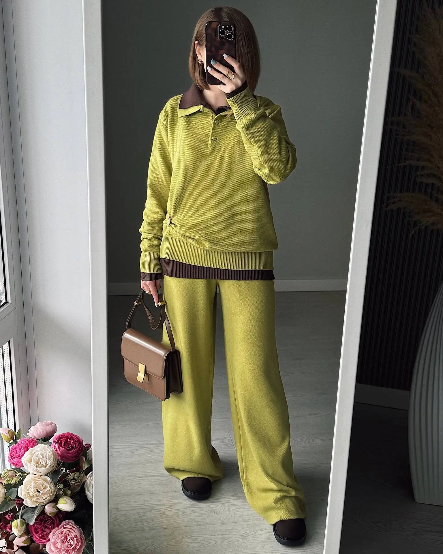 Hirsionsan Winter Thick Women Knitted Suits Soft 2 Pieces soft Female Sets Polo Neck Sweater & Wide Leg Pants Knitted Outfit