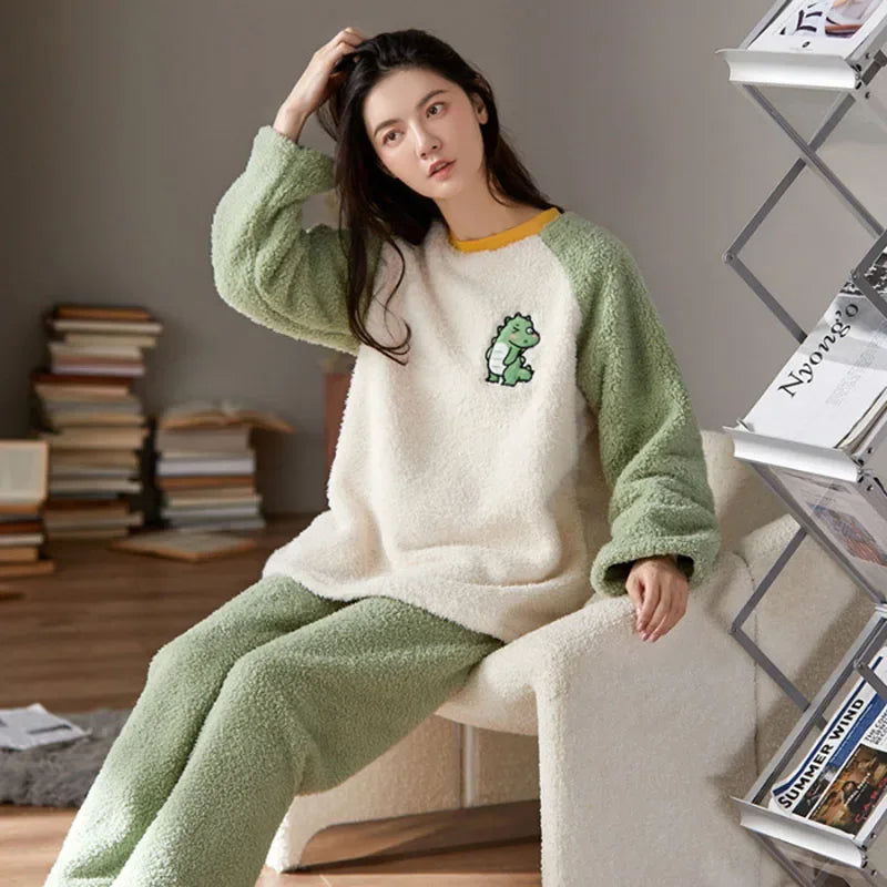 Thickened Warm Flannel Women Sleepwear Coral Velvet Pajamas Autumn Winter Cute Cartoon Bear Padded Two Sets Nightwear Casual