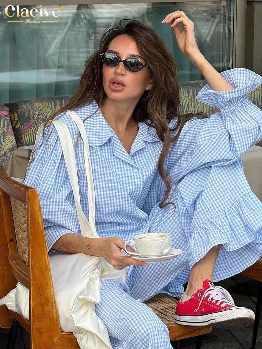 Clacive Fashion Loose Plaid Cotton Women's 3 Pieces Set 2025 Elegant Long Sleeve Shirt With High Wiast Wide Pants Set Female