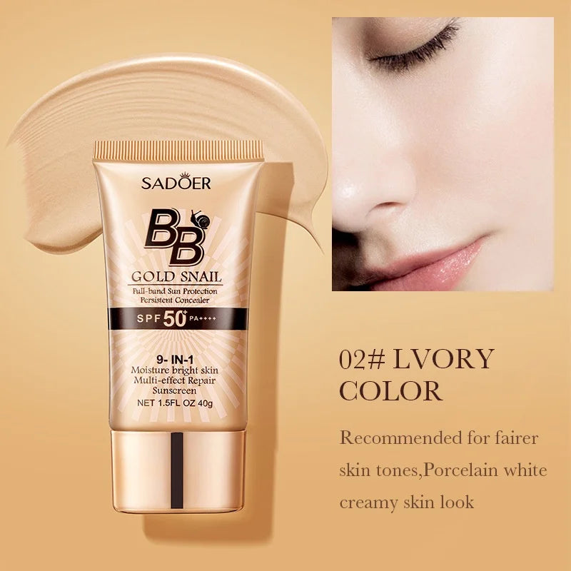 SADOER Gold Snail Sunscreen BB Cream Foundation Concealer Moisturizing Isolation Cream SPF50+PA+++ 40g