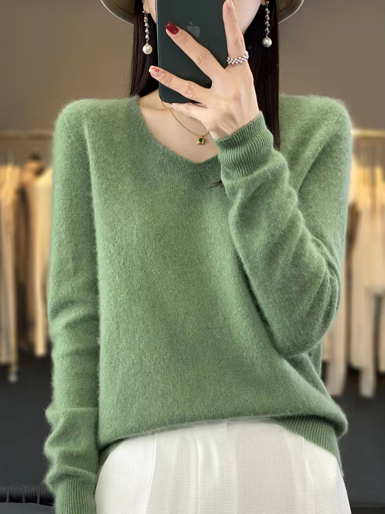 Merino Wool Sweater Cashmere Pullover Women Knitwear V-Neck Long Sleeve Top