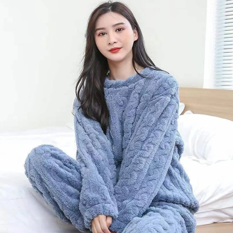 Autumn Women Solid Warm 2 Piece Sets Thicken Velvet Ribbed Fleece Set Pullover And Pants Women Casual Pajama Sets