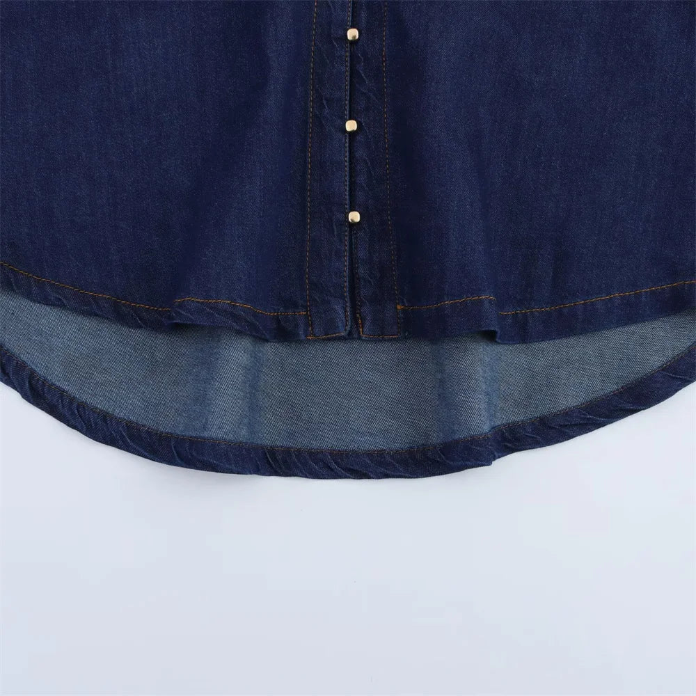 Women Denim Set Loose Fit Button Down Shirt