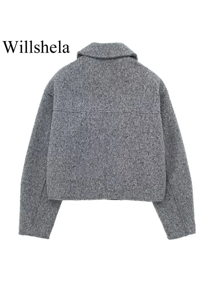 Willshela Women Fashion With Pockets Grey Front Zipper Jackets
