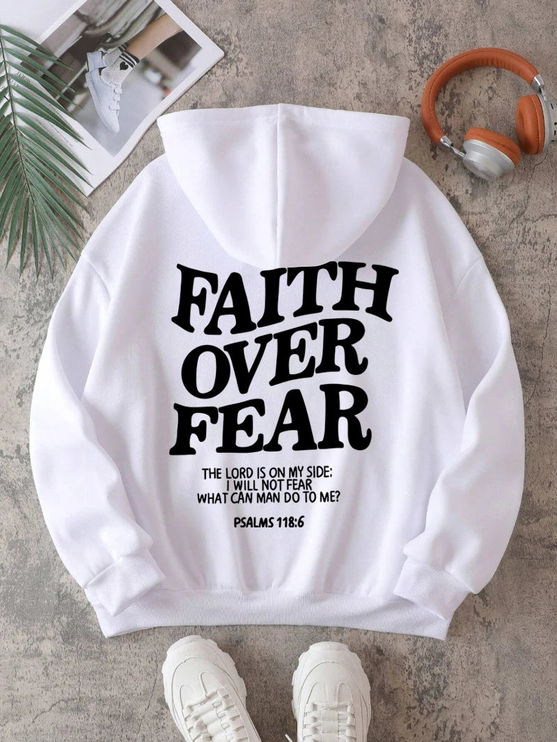 Casual Women's Hoodies Faith Over Fear Letter Printing Sweatshirts Fleece Warm Comfortable Pocket Pullovers Autumn Streetwear