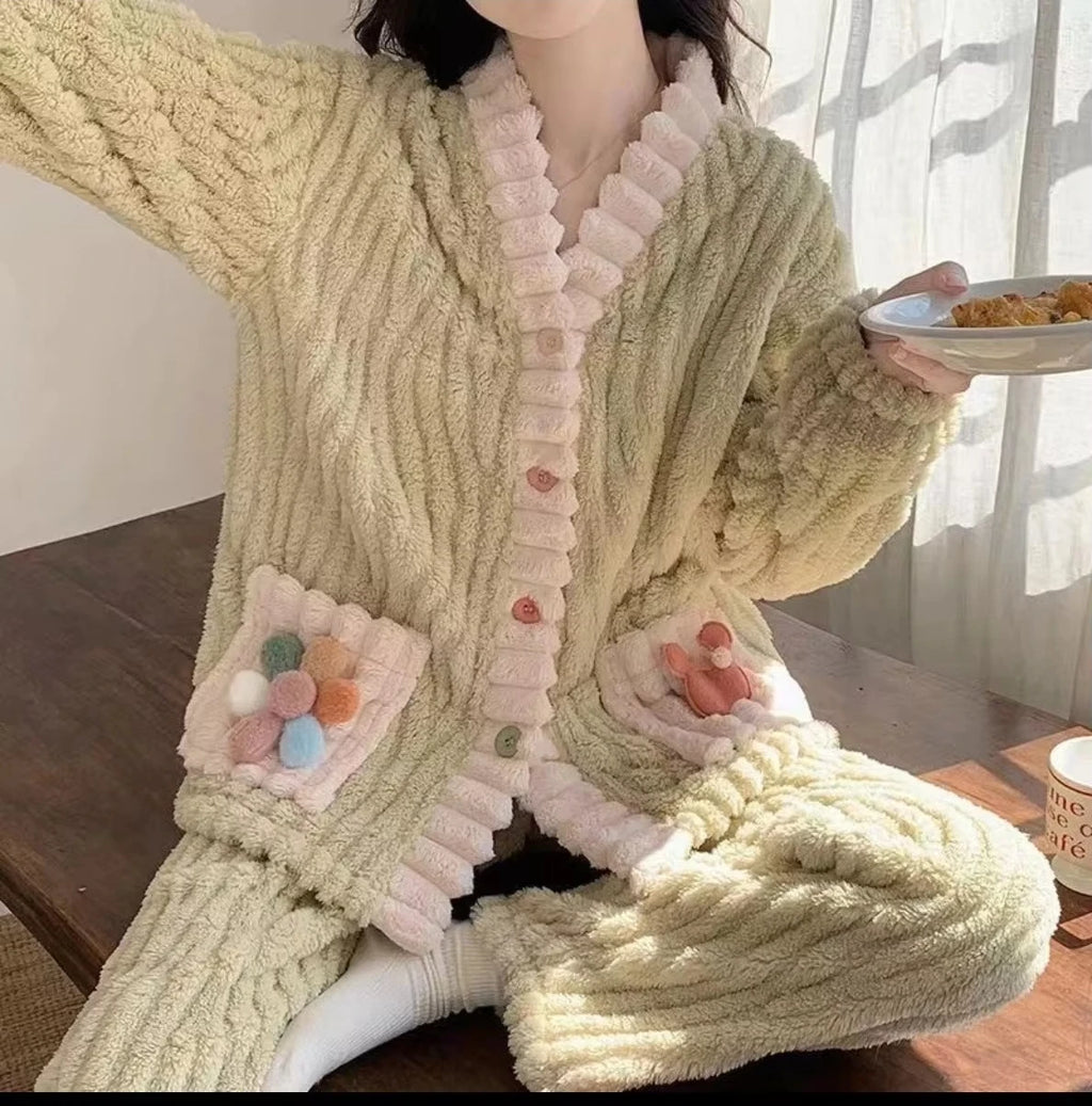 Thickened Warm Flannel Women Sleepwear Loungewear Cardigan Suit Winter Sweet Kawaii Soft Fairy Wind Ladies Pajamas Homewear