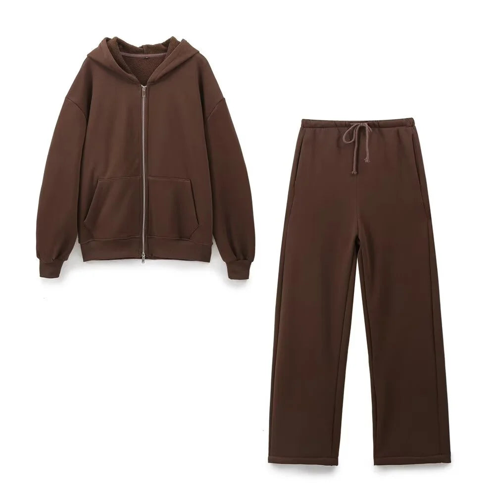 Casual Hooded Zipper Jacket & Wide-Leg Pants Set