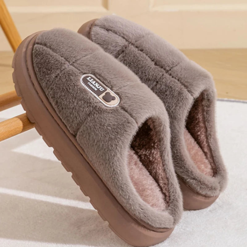 Big Size 50 51 Winter Slippers Women Men Thick Sole Indoor Home Warm Couples Shoes Non-Slip Flat Platform Women's Cotton Slipper