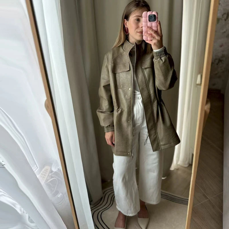 Autumn Pu Leather Jacket with Elastic adjustable waist