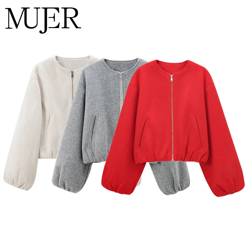 Red Zipper Bomber Jackets for Women