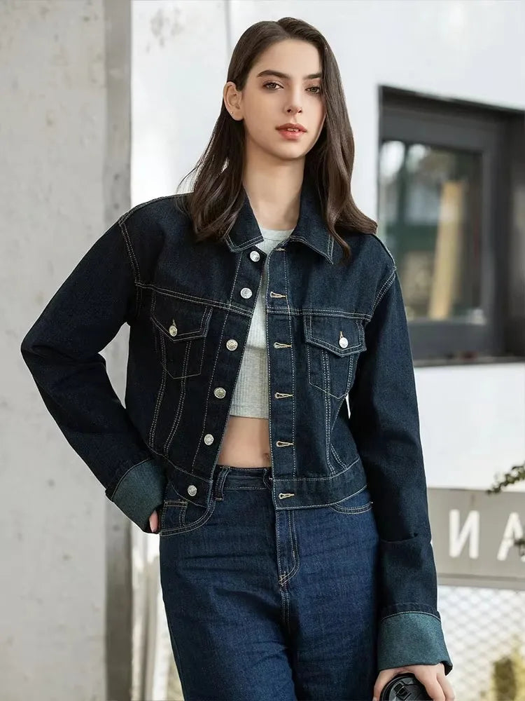 HH Women Vintage Denim Jacket Pant Sets Single Breasted Lapel Long Sleeve Coat Wide Leg Trousers Jeans High Street Outfits