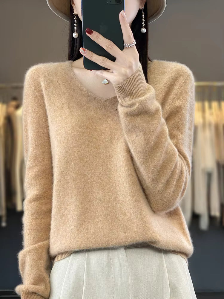 Merino Wool Sweater Cashmere Pullover Women Knitwear V-Neck Long Sleeve Top