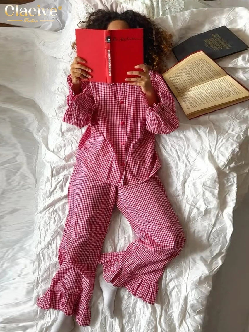 Clacive Fashion Loose Plaid Cotton Women's 3 Pieces Set 2025 Elegant Long Sleeve Shirt With High Wiast Wide Pants Set Female