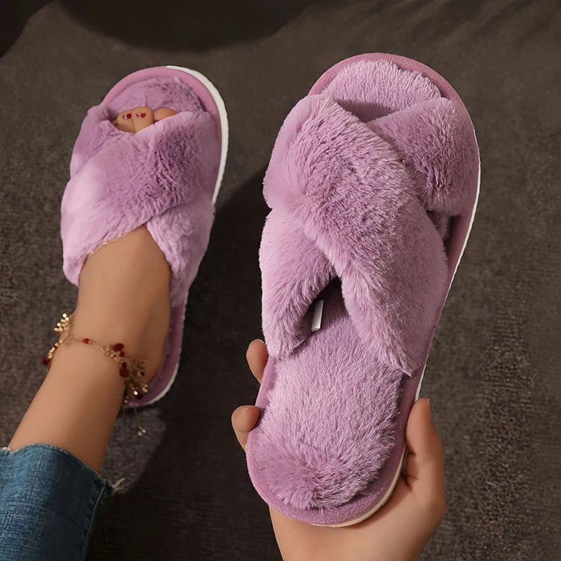 Cross Warm Fluffy Furry Slippers Women Lightweight Flat Heels Fur Slides Woman Autumn Winter Open Toe Non Slip Home Floor Shoes