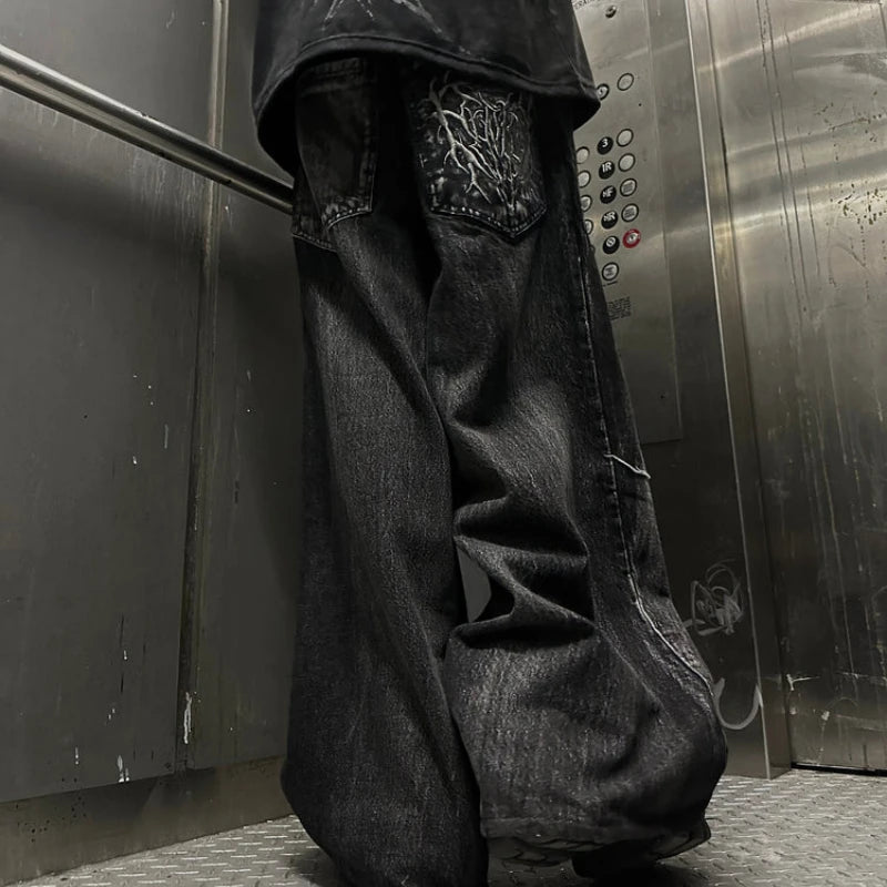 Y2K Phantom Jeans High Street Spider Embroidered Patch Hip Hop Streetwear Gothic Retro Oversized Baggy Fit Unisex Mopping Pants