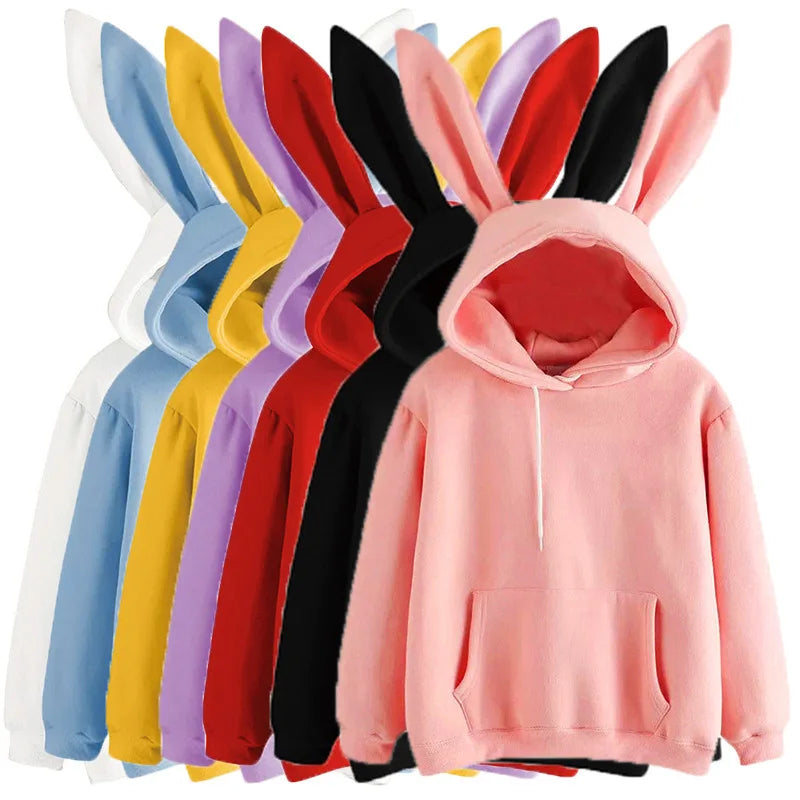 2025 autumn and winter new women's clothing Harajuku Wei hooded rabbit hoodie solid color loose casual women's top women's coat