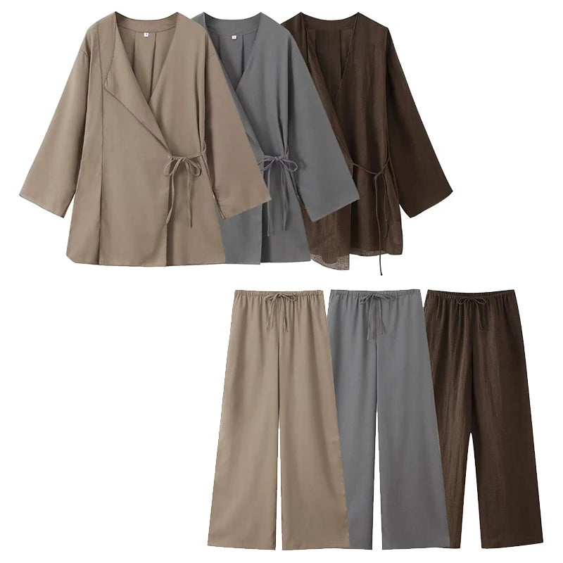 Chic Two-Piece Set – Lace-Up Top & High-Waist Pants