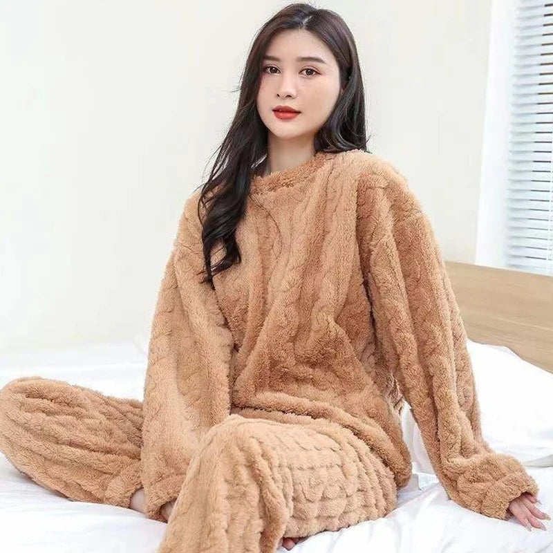 Autumn Women Solid Warm 2 Piece Sets Thicken Velvet Ribbed Fleece Set Pullover And Pants Women Casual Pajama Sets