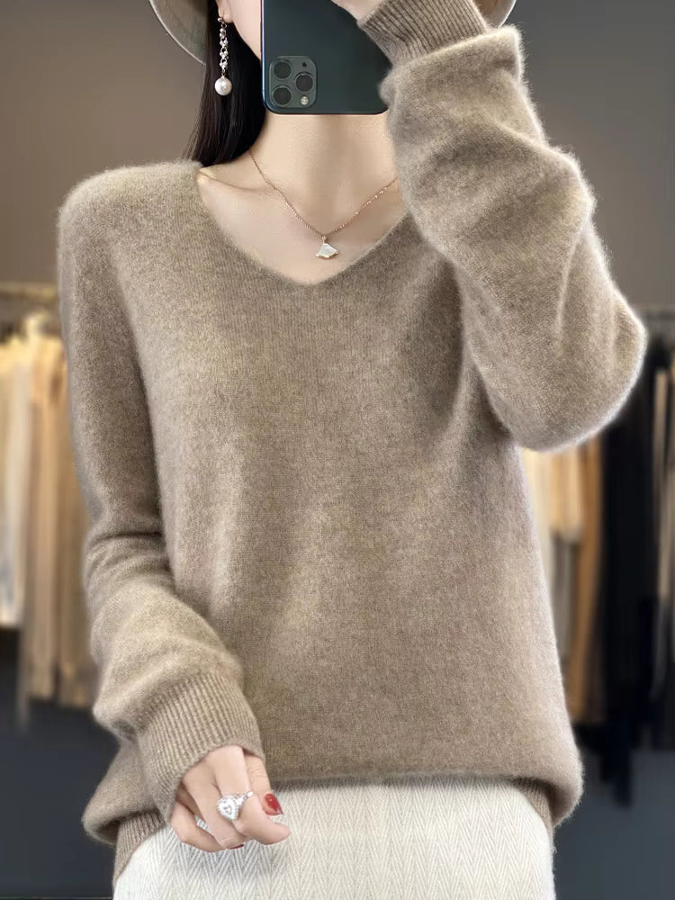 Merino Wool Sweater Cashmere Pullover Women Knitwear V-Neck Long Sleeve Top