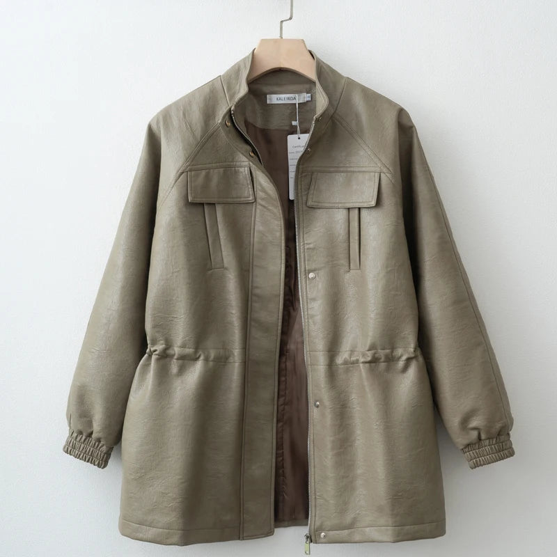 Autumn Pu Leather Jacket with Elastic adjustable waist